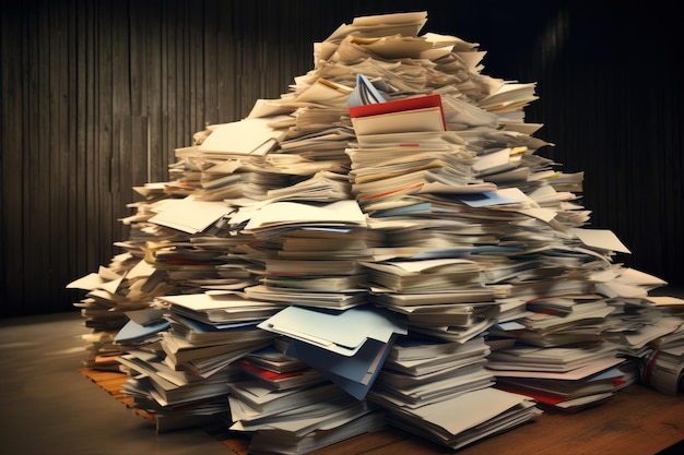 Archivordner Haufen alter Bücher auf einem Holzschreibtisch vor der Holzwand