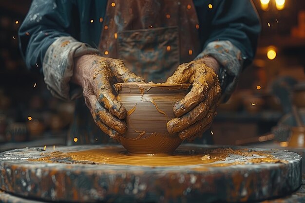 arcilla en la mesa de los alfareros con las manos formando la olla de arcilla fotografía profesional