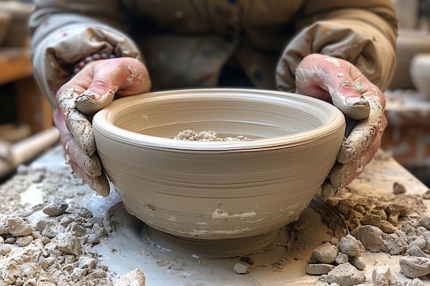 arcilla en la mesa de los alfareros con las manos formando la olla de arcilla fotografía profesional