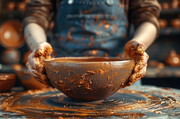 arcilla en la mesa de los alfareros con las manos formando la olla de arcilla fotografía profesional