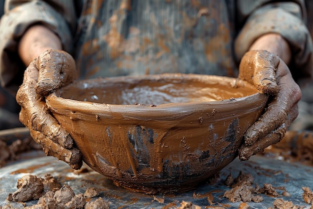 arcilla en la mesa de los alfareros con las manos formando la olla de arcilla fotografía profesional