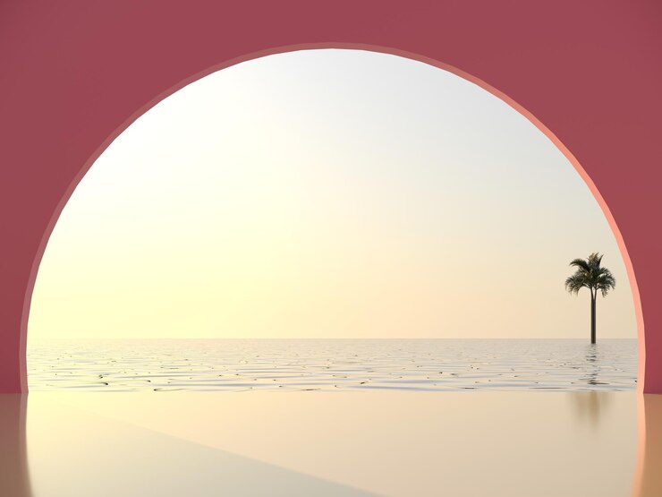 Arco abstracto en el fondo del océano con el amanecer en la playa renderizado en 3D