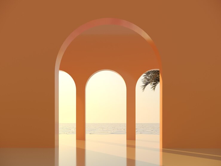 Arco abstracto en el fondo del océano con el amanecer en la playa renderizado en 3D