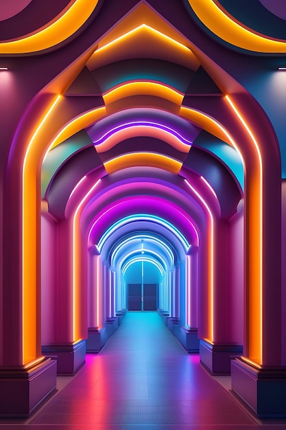 Arco abstrato de luzes de néon Corredor brilhante colorido Túnel de design intrincado