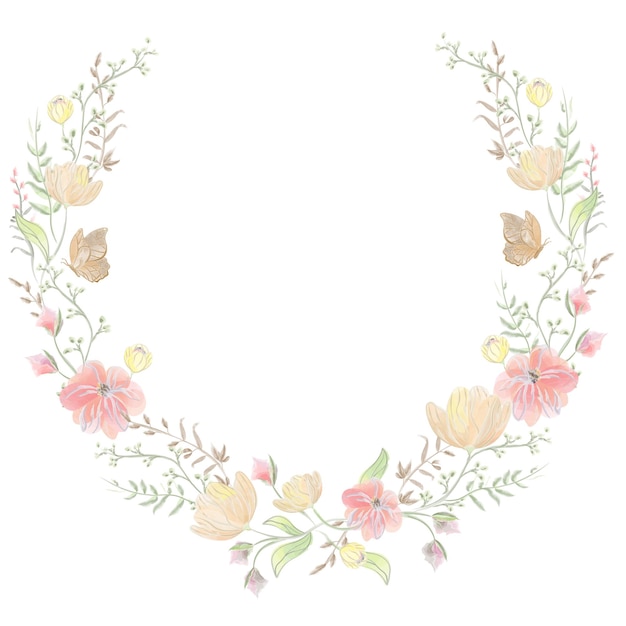 Arco de acuarela de flores y mariposas de naranja silvestre