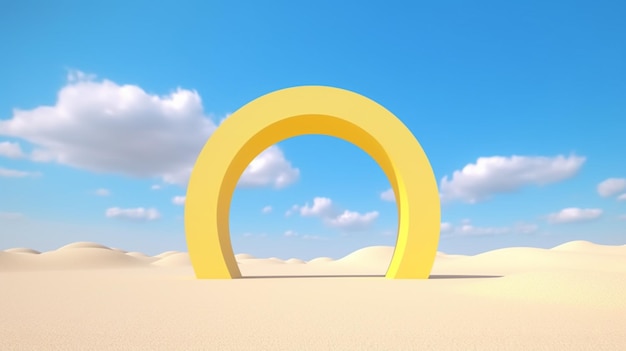 Arco amarillo Arafed en medio de un desierto con un cielo azul ai generativo