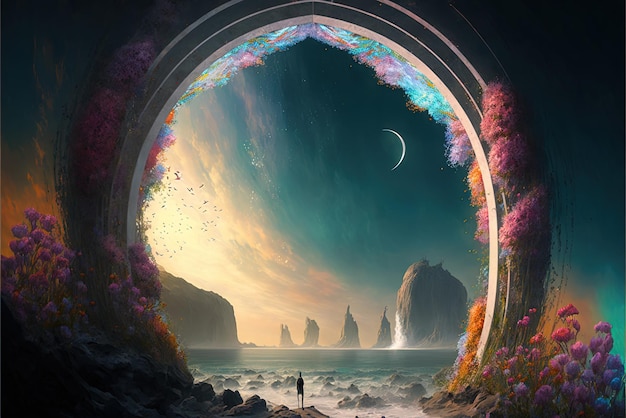 Arco antigo e pilares flores exuberantes portal para outro mundo runas antigas mágicas planeta alienígena arcos de pedra Generative AI