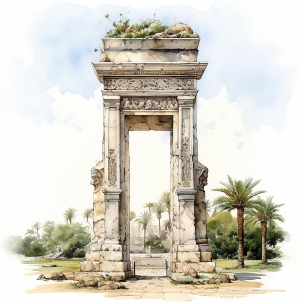 Arco antiguo en el jardín Pintura de acuarela digital Ilustración