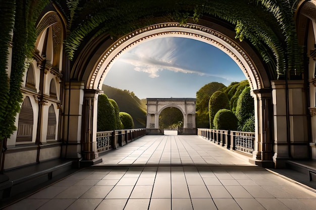 Arco con un arco verde y un cielo azul