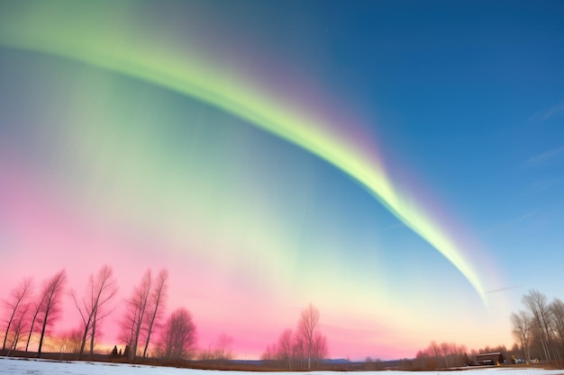 Un arco de auroras verde y rosa que se extiende a través del horizonte.