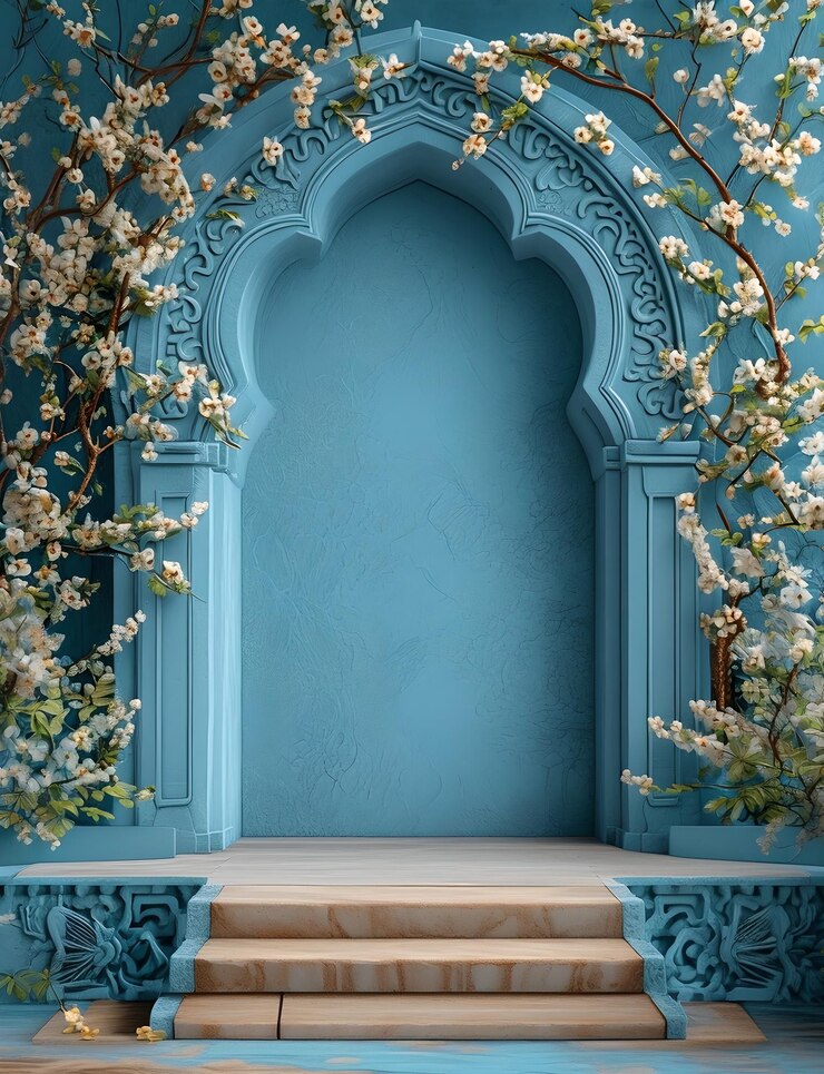 Arco azul con motivos florales Escena interior decorativa elegante para fotografía o obra de arte Mejor