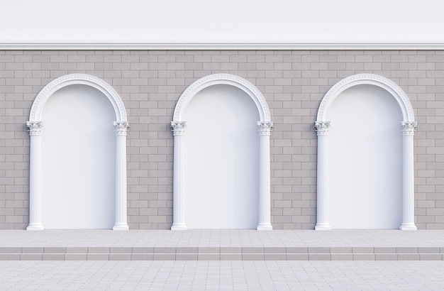 Foto arco blanco elegante con columna de estilo corintio decorada en una pared de ladrillo gris con marco vacío para el renderizado 3d de contenido