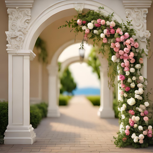 Foto un arco blanco con flores rosas y blancas en él