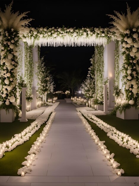 Un arco de boda blanco decorado con flores y velas
