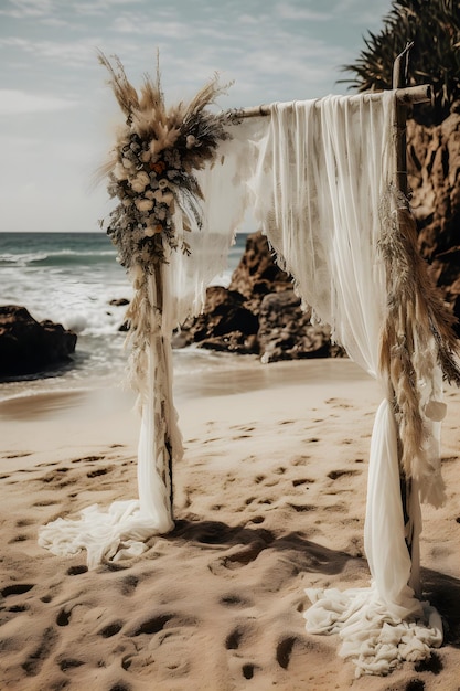 Arco de boda boho decorado con gasa de gasa Una impresionante superposición de estudio de vista frontal