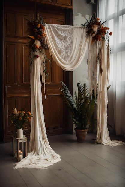 Arco de boda boho decorado con gasa de gasa Una impresionante superposición de estudio de vista frontal