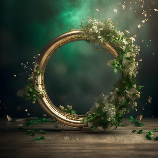 Arco de boda de círculo dorado con superposición de flores verdes Impresionante telón de fondo de estudio para su día especial