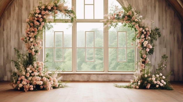 El arco de la boda decorado con rosas rosas 3d