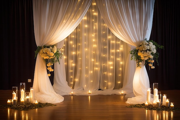 Arco de boda con drapeado y luces para una boda moderna y sencilla