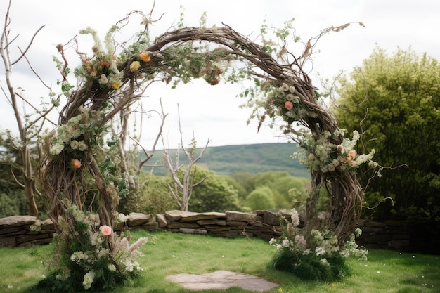 Arco de boda hecho de ramas y flores entrelazadas