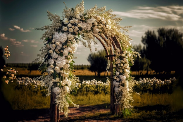Arco de boda de madera con ceremonia de ramo de flores blancas en la naturaleza
