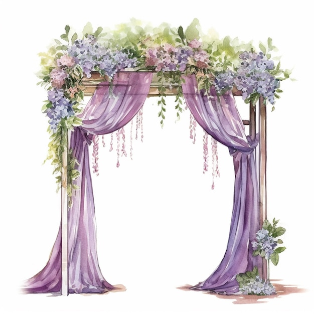 Arco de boda morado con flores y cortinas ai generativo.