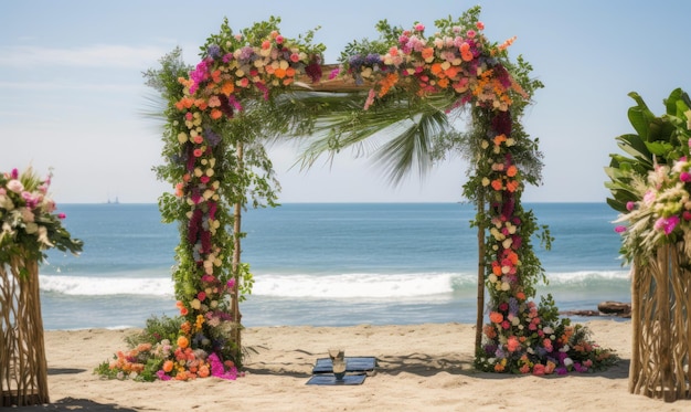 Un arco de boda en la playa con flores.