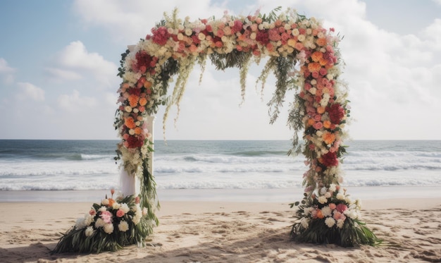 Un arco de boda en la playa con flores.