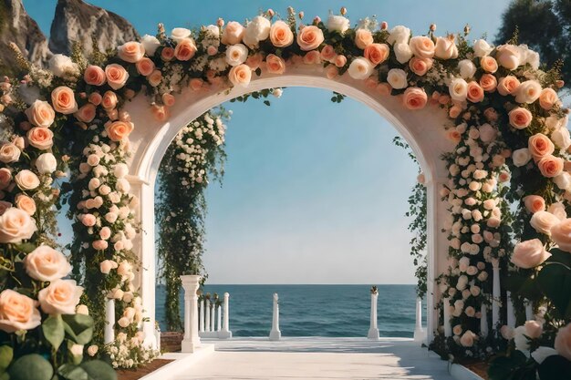 Un arco de boda con rosas en el arco.