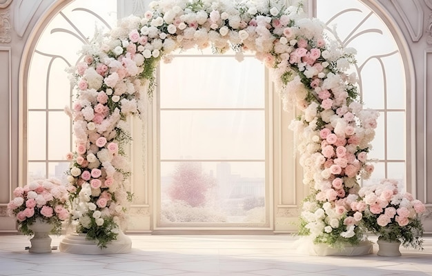 el arco de la boda con rosas blancas y rosas se encuentra en una alfombra beige