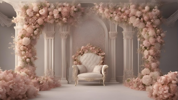 Arco de boda con sillón y flores renderizado 3D