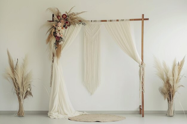 Arco de bodas boho minimalista con pampas y flores