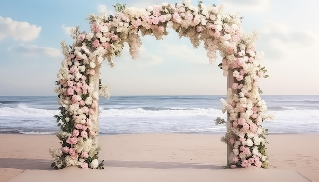 Arco de bodas de flores en la playa de un día soleado