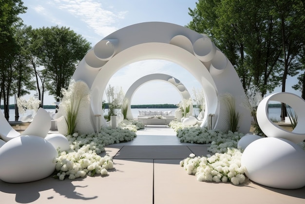 Arco de bodas futurista para el registro del matrimonio en la terraza de la casa decorada con flores blancas