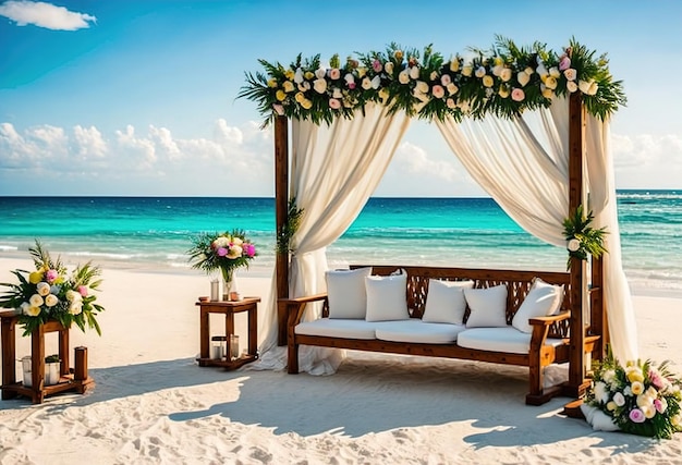 Un arco de bodas en la playa con una silla de playa y flores.
