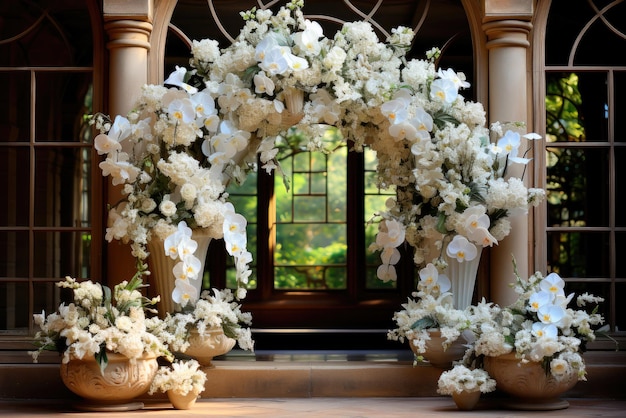 Arco de bodas para el registro de matrimonios en el lugar hecho de hermosas flores blancas