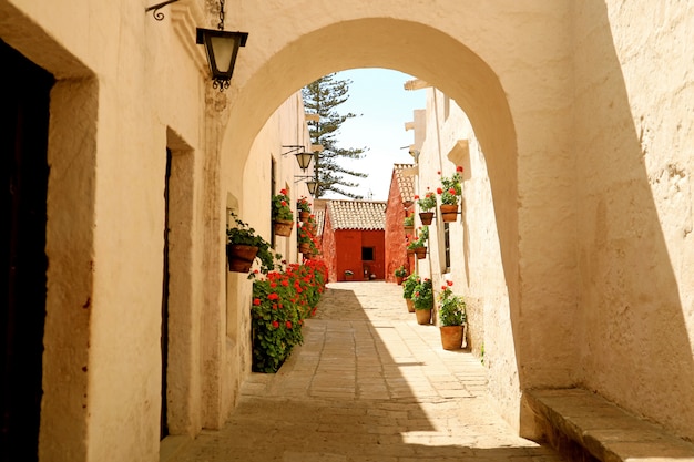 Arco branco, levando ao beco cheio de arbustos com flores vermelhas no mosteiro de santa catalina