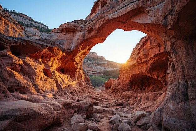 Arco del cañón puesta de sol abrazar en el marco de la naturaleza hermosa imagen de amanecer