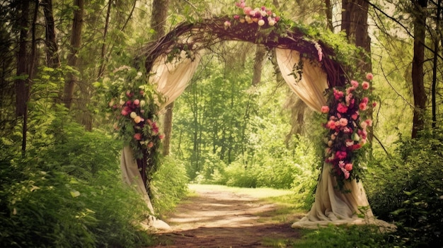 Arco de la ceremonia de bodas con flores y tela generada por la IA