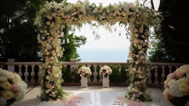 Arco cerimonial do casamento decorado com fundo do mar de flores brancas AI gerado