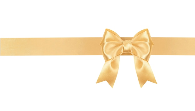Foto arco y cinta de raso color dorado sobre blanco aislado