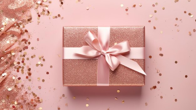 Arco de cinta rosa en caja de regalo de papel artesanal sobre grandes pañuelos brillantes con fondo rosa aislado