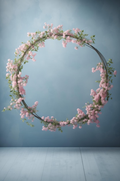 Arco circular floral com delicadas flores cor-de-rosa