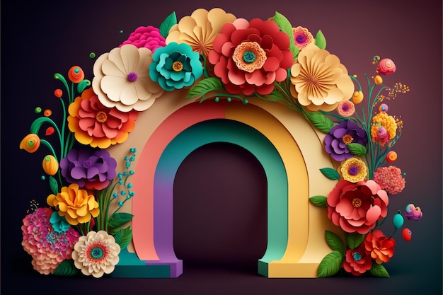 Arco colorido feito de flores de papel generative ai