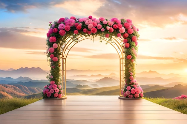 Arco com rosas em um fundo de montanhas