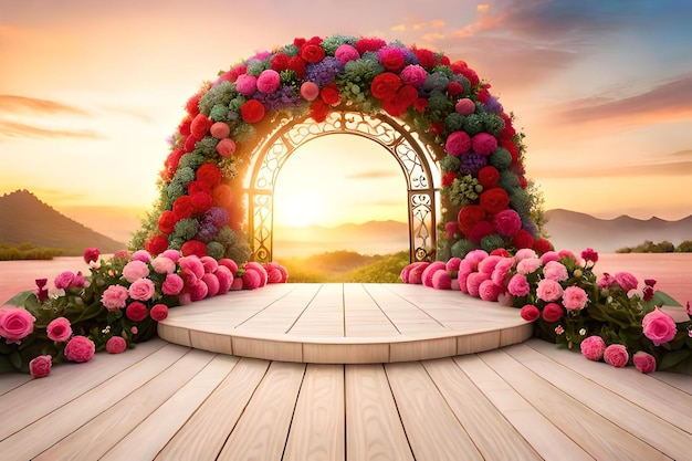 Arco com rosas no fundo de um pôr do sol.