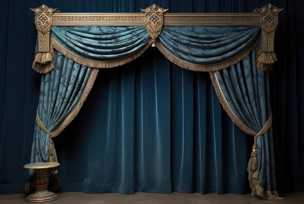 un arco con una cortina de terciopelo en el teatro al estilo de azul oscuro y bronce