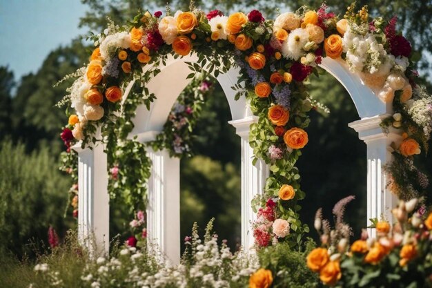 un arco cubierto de flores con flores y un arco blanco con las palabras flores en él