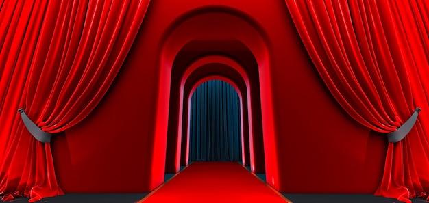 Arco da passagem, corredor preto, túnel longo com arcos e tapete vermelho