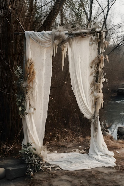 Arco de casamento Boho decorado com gaze de gaze Uma impressionante sobreposição de estúdio com vista frontal